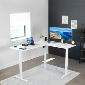 VIVO Electric Height Adjustable 63 x 55 inch Corner Stand Up Desk, White Table Top, White Frame, L-Shaped Standing Workstation, 3CT Series, DESK-E3CTW