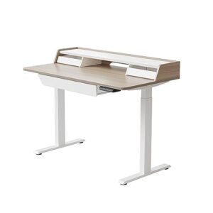 fezibo height adjustable electric standing desk with three drawers, 48 x 25 inch table with storage shelf, sit stand desk with storage space, splice board with white frame/light walnut top, 48 inch