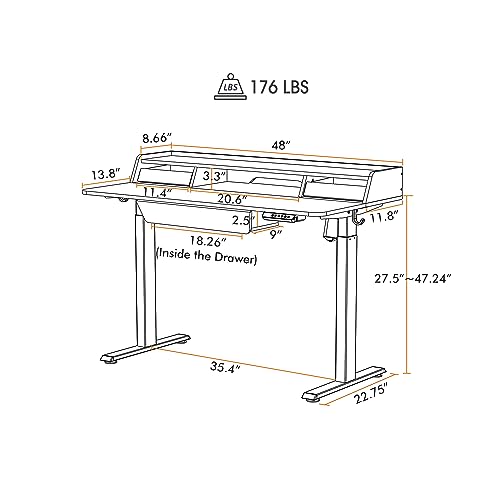 FEZIBO Height Adjustable Electric Standing Desk with Three Drawers, 48 x 25 Inch Table with Storage Shelf, Sit Stand Desk with Storage Space, Splice Board with White Frame/Light Walnut Top, 48 inch