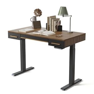 fezibo mid century modern electric standing desk with 3 drawers, 48 x 26 inches whole piece sit stand up home office desk, black walnut top with black frame (2 packages)