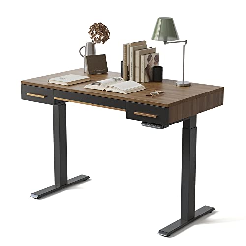 FEZIBO Mid Century Modern Electric Standing Desk with 3 Drawers, 48 x 26 Inches Whole Piece Sit Stand Up Home Office Desk, Black Walnut Top with Black Frame (2 Packages)