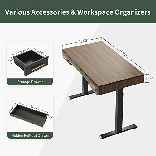 FEZIBO Mid Century Modern Electric Standing Desk with 3 Drawers, 48 x 26 Inches Whole Piece Sit Stand Up Home Office Desk, Black Walnut Top with Black Frame (2 Packages)