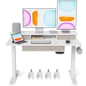 banti height adjustable electric standing desk with 4 drawers, 48 x 24 inch table with storage shelf, sit stand desk, white top