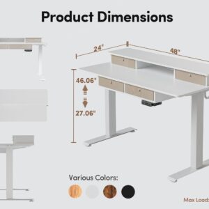 BANTI Height Adjustable Electric Standing Desk with 4 Drawers, 48 x 24 Inch Table with Storage Shelf, Sit Stand Desk, White Top