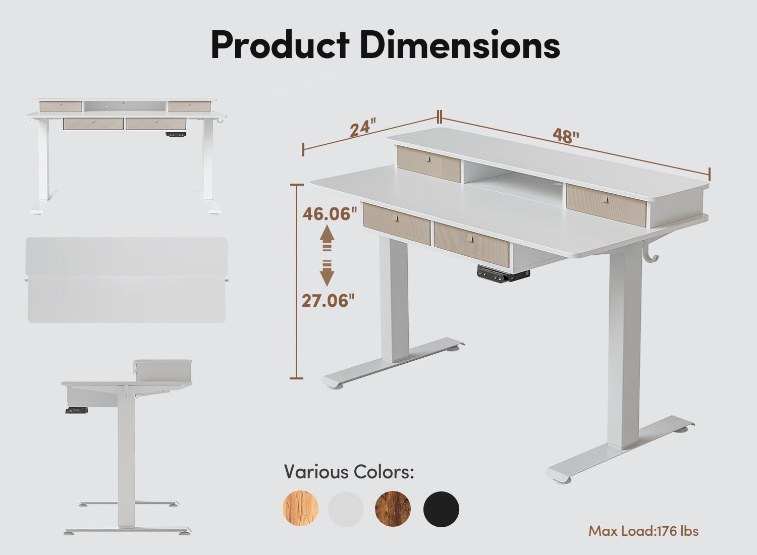 BANTI Height Adjustable Electric Standing Desk with 4 Drawers, 48 x 24 Inch Table with Storage Shelf, Sit Stand Desk, White Top