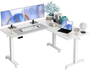 claiks triple motor l shaped standing desk, 63 x 55 inch corner stand up desk, adjustable height desk with splice board, white frame/white top