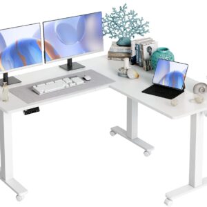 Claiks Triple Motor L Shaped Standing Desk, 63 x 55 inch Corner Stand Up Desk, Adjustable Height Desk with Splice Board, White Frame/White Top