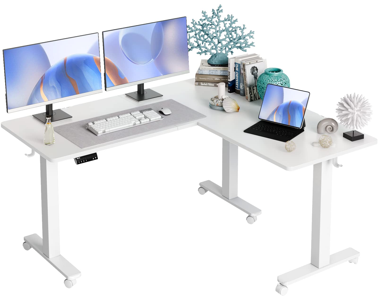 Claiks Triple Motor L Shaped Standing Desk, 63 x 55 inch Corner Stand Up Desk, Adjustable Height Desk with Splice Board, White Frame/White Top