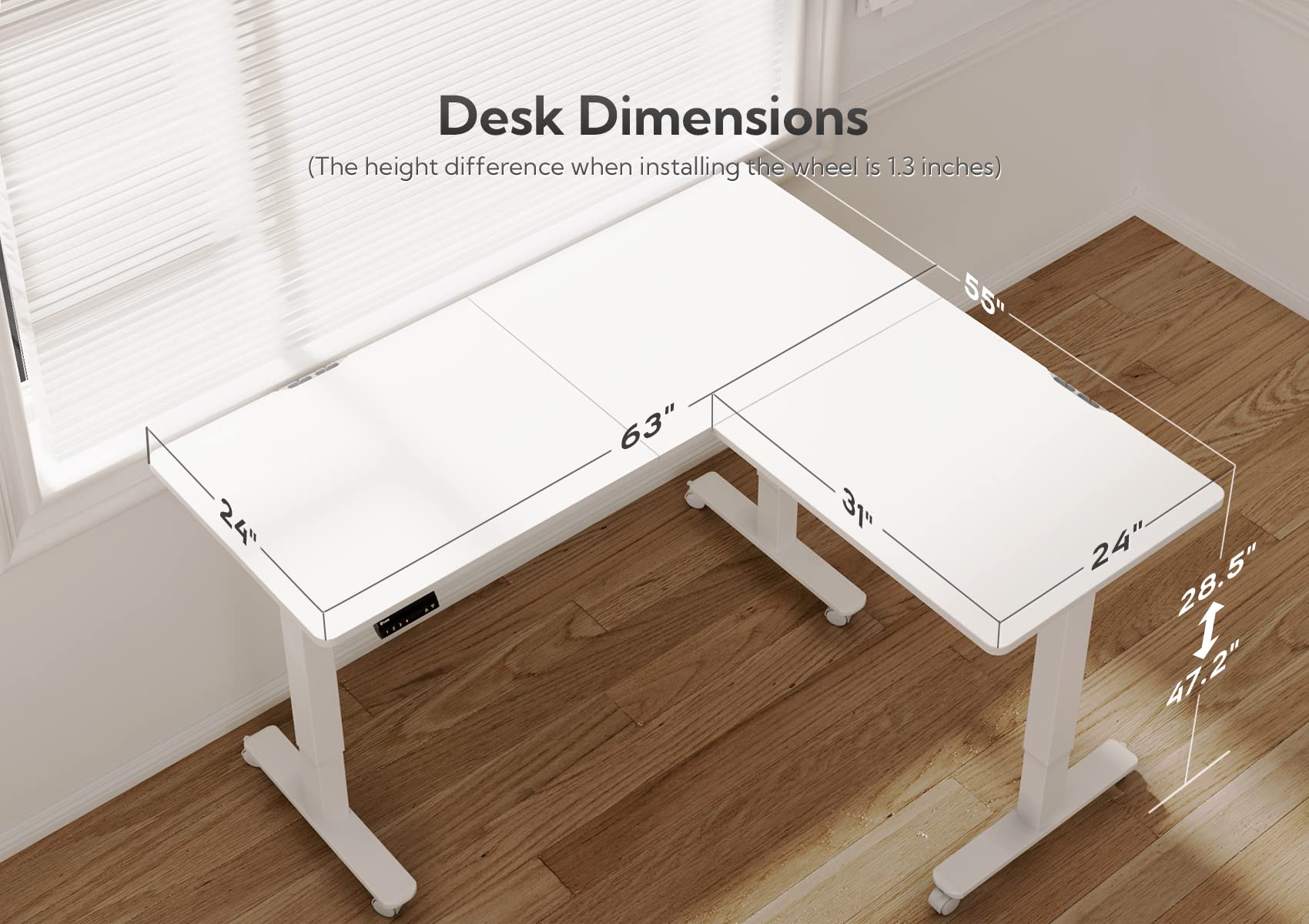 Claiks Triple Motor L Shaped Standing Desk, 63 x 55 inch Corner Stand Up Desk, Adjustable Height Desk with Splice Board, White Frame/White Top