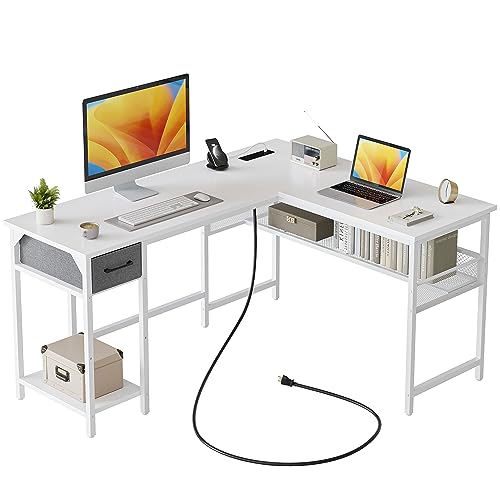 CubiCubi L Shaped 58 inch Computer Desk with LED and Storage Shelves, White