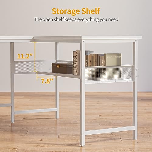 CubiCubi L Shaped 58 inch Computer Desk with LED and Storage Shelves, White