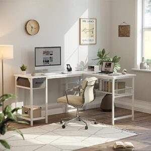 CubiCubi L Shaped 58 inch Computer Desk with LED and Storage Shelves, White