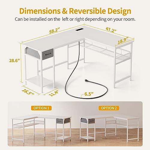 CubiCubi L Shaped 58 inch Computer Desk with LED and Storage Shelves, White