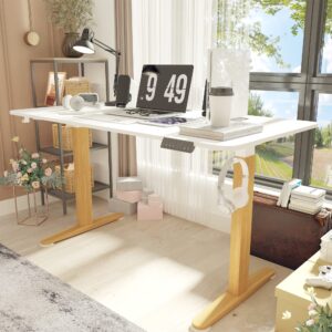 Monomi Electric Standing Desk, 55 x 28 inches Height Adjustable Desk, Ergonomic Home Office Sit Stand Up Desk with Memory Preset Controller (White Top/Wood Grain Frame)