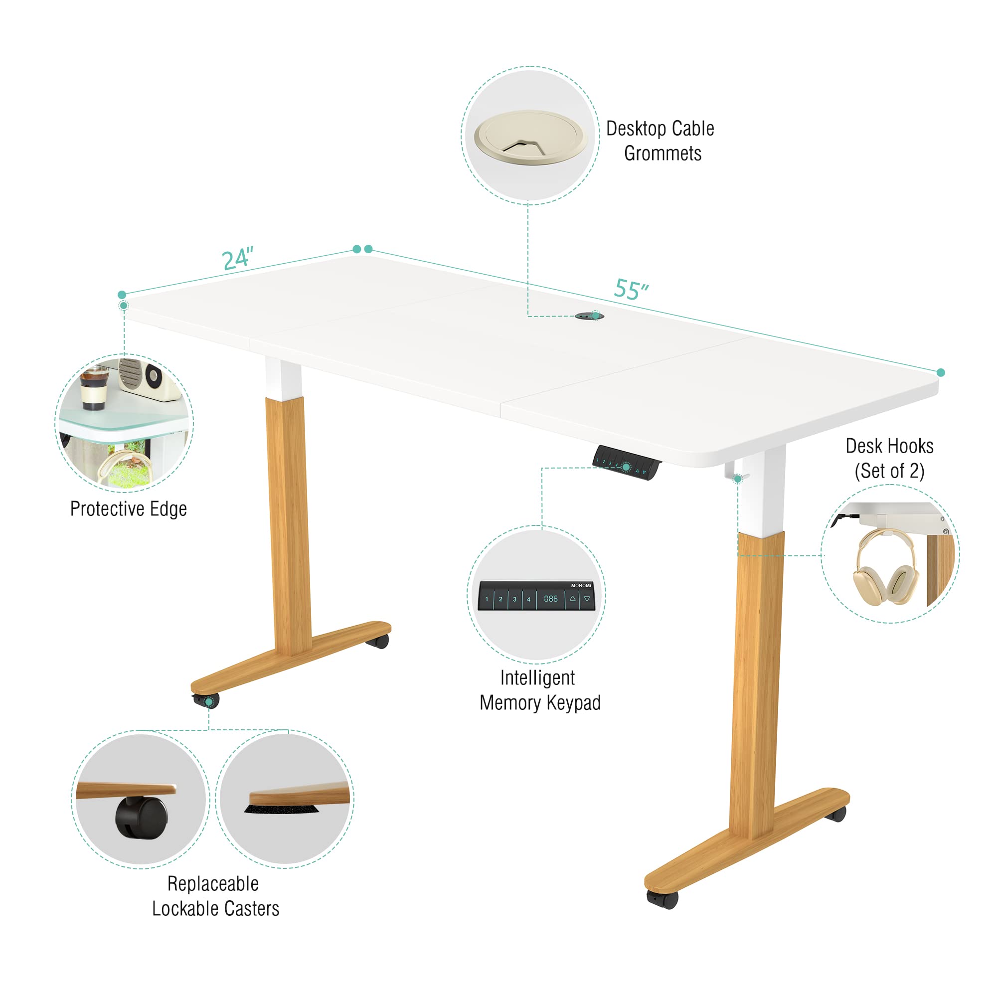 Monomi Electric Standing Desk, 55 x 28 inches Height Adjustable Desk, Ergonomic Home Office Sit Stand Up Desk with Memory Preset Controller (White Top/Wood Grain Frame)