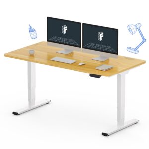 flexispot e6 essential 3 stages dual motor electric standing desk 55x28 inch whole-piece board height adjustable desk electric sit stand desk(white frame + maple desktop, 2 packages)