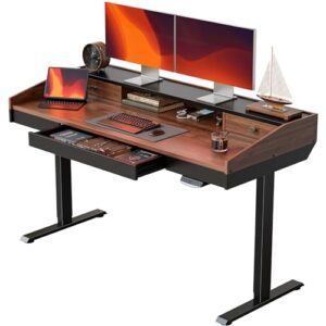 fezibo 55" whole-piece standing desk adjustable height with drawers, 55 x 24 inches electric adjustable desk with monitor shelf, sit stand rising desk with baffle, black walnut