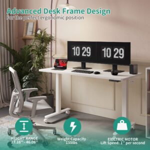 EleTab Standing Desk, 55 x 24 Inch Electric Stand up Height Adjustable Home Office Table, Sit Stand Desk with Splice Board, White Frame & White Desktop