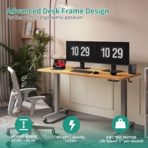 EleTab 55 x 24 Inch Electric Standing Desk with Drawer, Stand up Desk Adjustable Height for Home Office, Sit Stand Computer Desk, Ergonomic Workstation White Steel Frame/Light Rustic Brown Tabletop