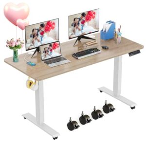 farexon Electric Standing Desk Adjustable Height, 48 x 24 inch Sit Stand Desk with Metal Hook, 4 Memory Heights, 27''-46'' Lifting Range Stand up Desk with Wheels(Oak Gray)