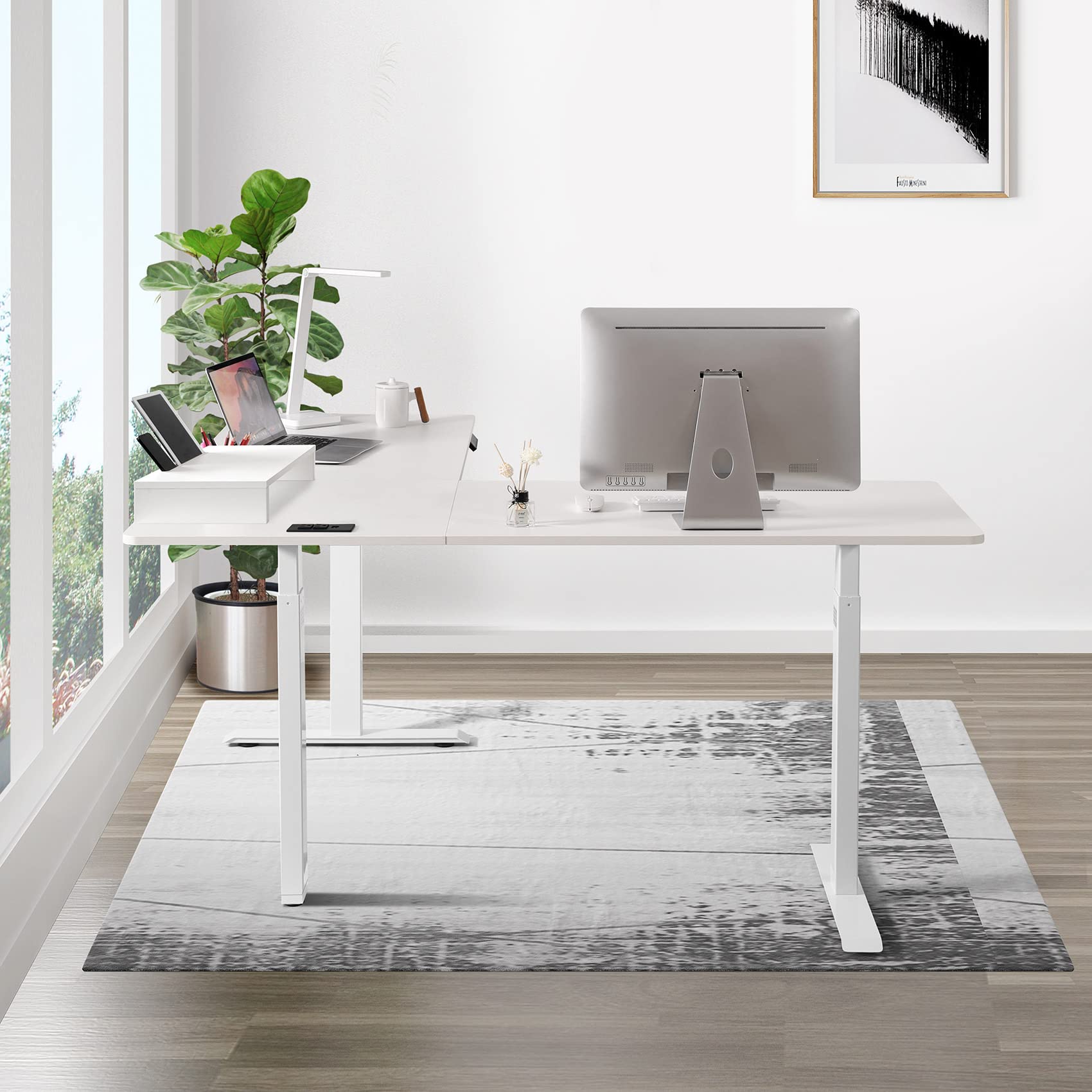 UNICOO L-Shaped Triple Motor Electric Height Adjustable Standing Desk - Gaming & Home Office Corner Desk, with Easy Touch Control & Solid Steel Construction (White Top/White Frame - XOT-L3E-WW)