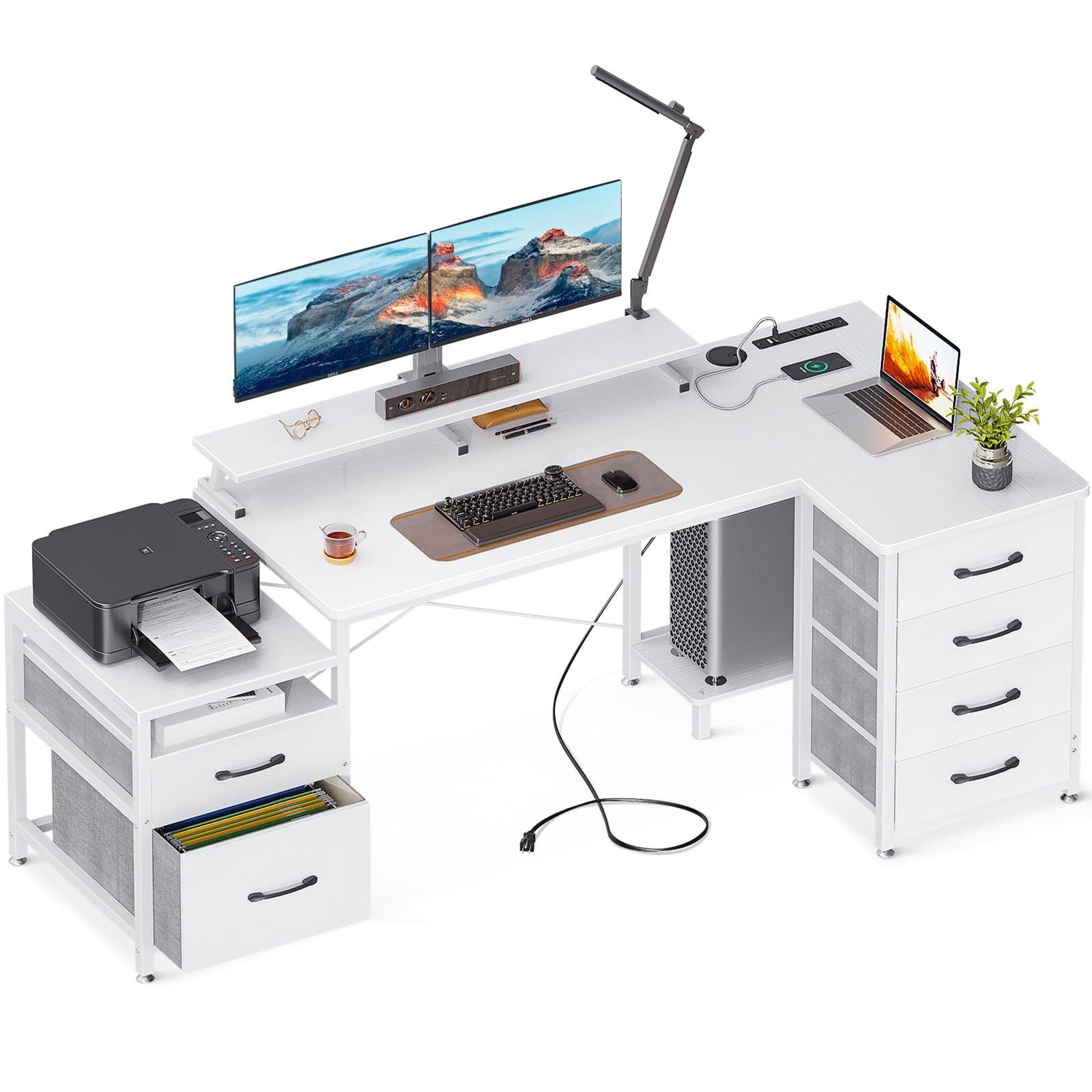 KKL L Shaped Computer Desk with File Drawers & 3 Power Outlets & 2 USB Ports, 72 Inch Home Office Desk with Printer Cabinet & Monitor Shelf & Host Storage Shelves, White Writing Desk