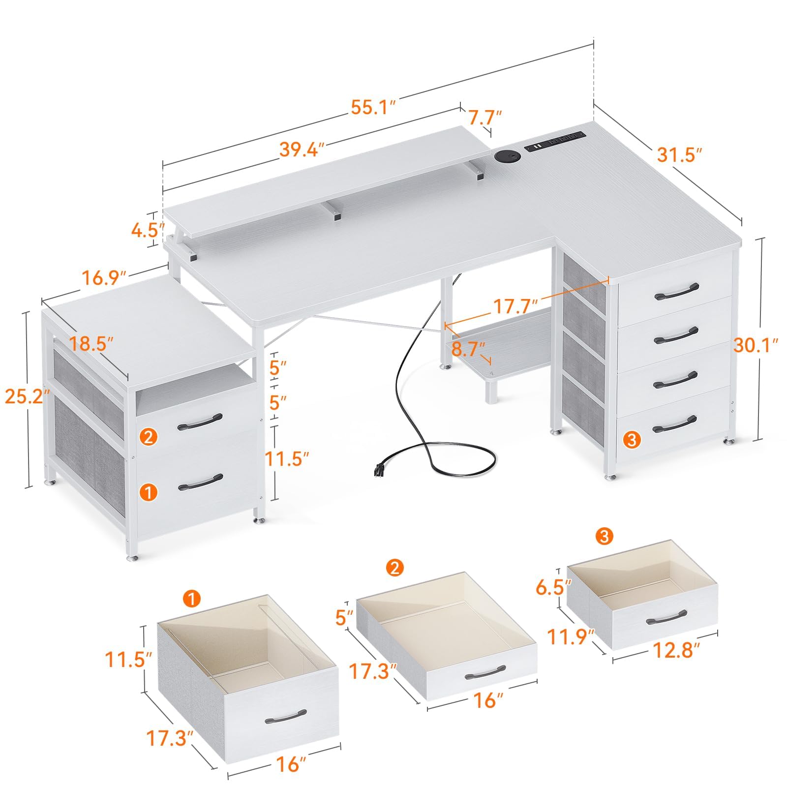 KKL L Shaped Computer Desk with File Drawers & 3 Power Outlets & 2 USB Ports, 72 Inch Home Office Desk with Printer Cabinet & Monitor Shelf & Host Storage Shelves, White Writing Desk