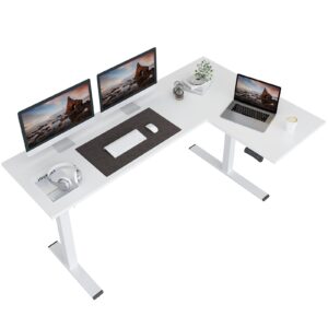 flexispot corner desk dual motor l shaped computer electric standing sit stand up desk height adjustable home office table with splice board, 71x48 white