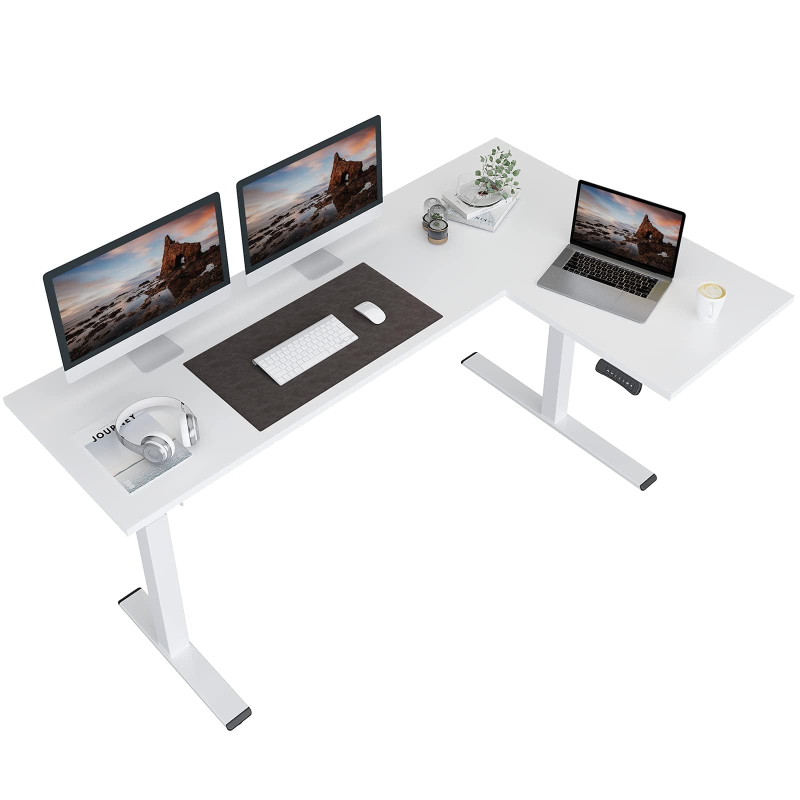 FLEXISPOT Corner Desk Dual Motor L Shaped Computer Electric Standing Sit Stand Up Desk Height Adjustable Home Office Table with Splice Board, 71x48 White