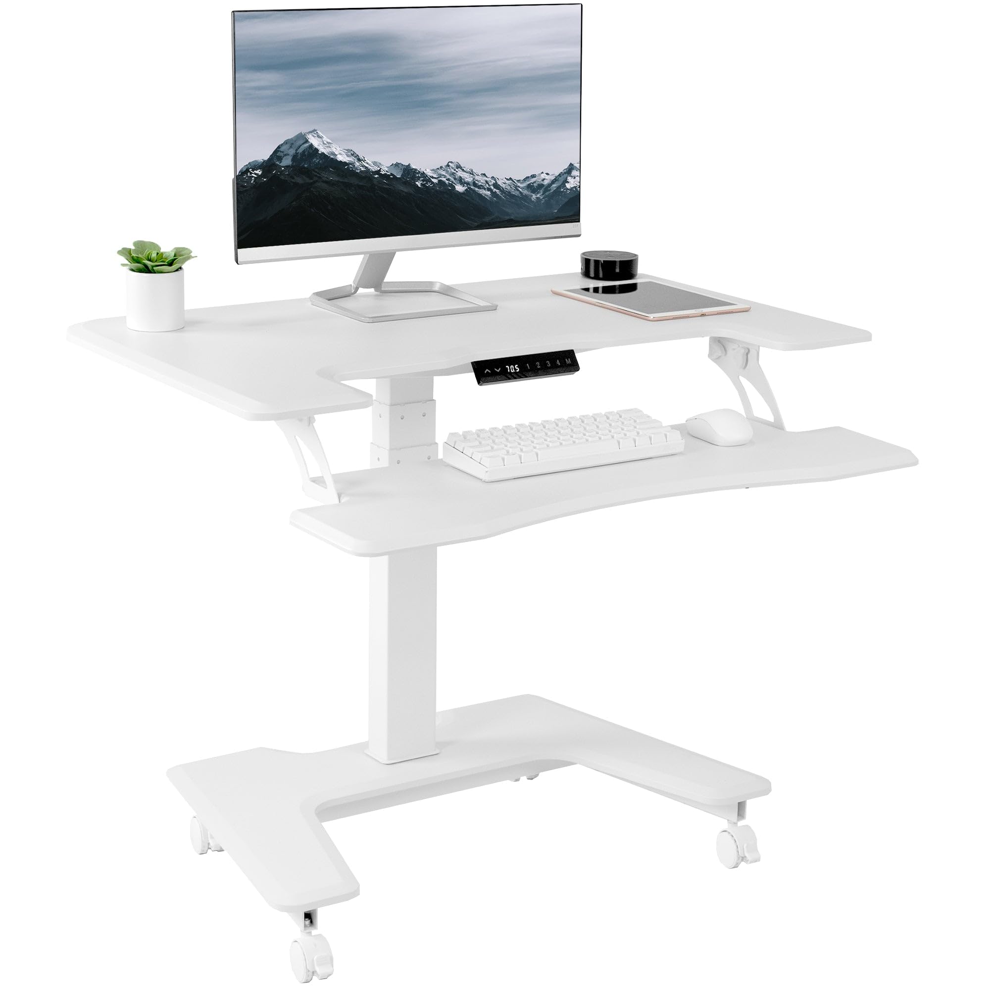 VIVO White Electric Mobile Height Adjustable 36 inch Dual Platform Standing Desk with Wheels, Rolling Small Space Table, Sit Stand Workstation, DESK-V111VTW