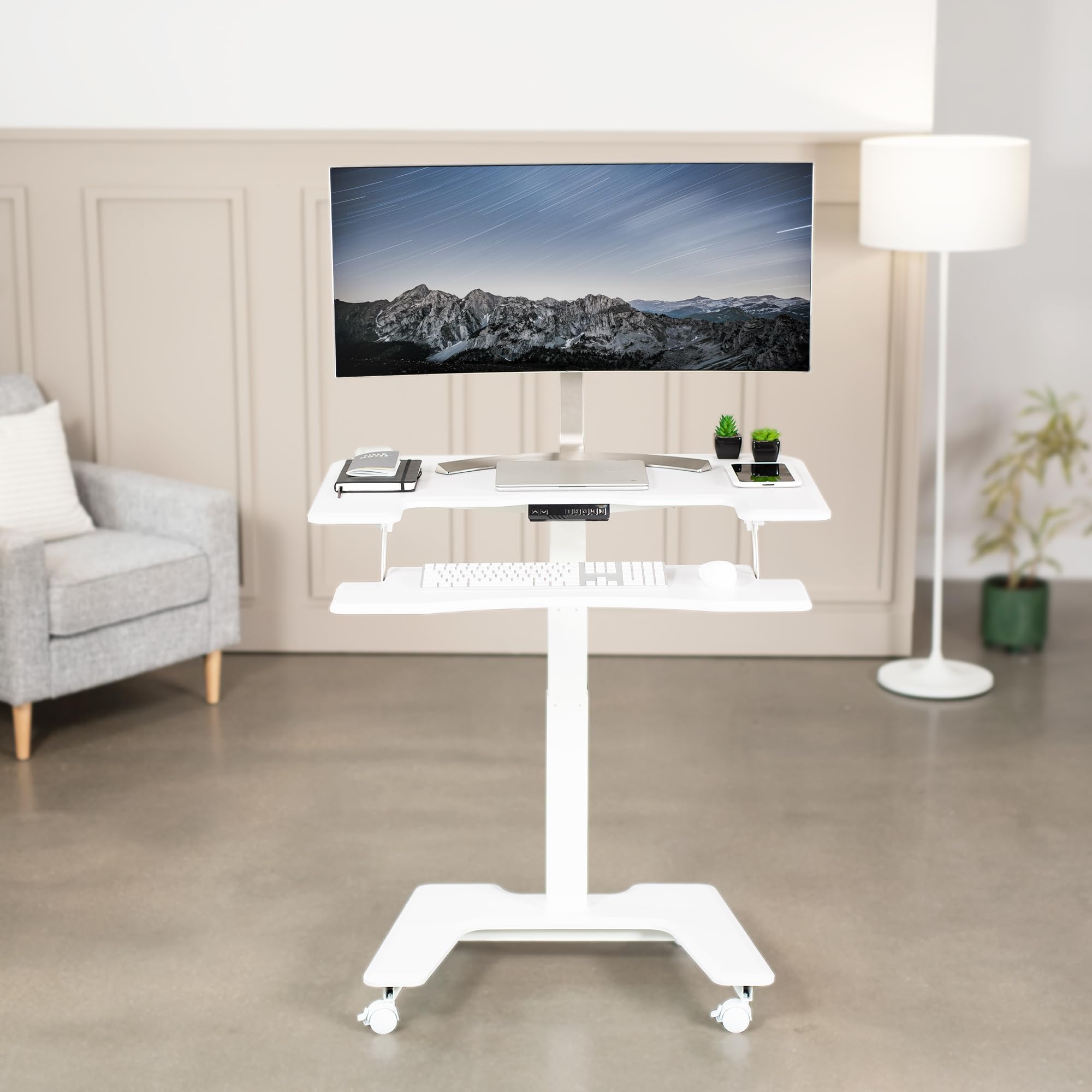 VIVO White Electric Mobile Height Adjustable 36 inch Dual Platform Standing Desk with Wheels, Rolling Small Space Table, Sit Stand Workstation, DESK-V111VTW