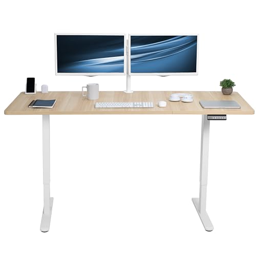 VIVO Electric Height Adjustable 71 x 30 inch Memory Stand Up Desk, Light Wood 30 inch Deep Table Top, White Dual Motor Frame, Preset Controller, E2B Series, DESK-KIT-E2W7C