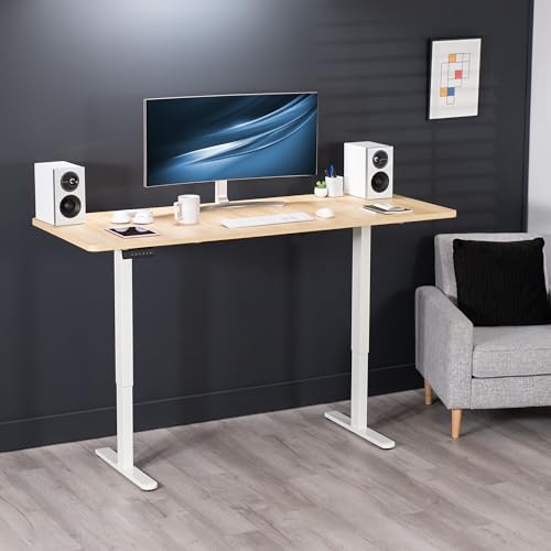 VIVO Electric Height Adjustable 71 x 30 inch Memory Stand Up Desk, Light Wood 30 inch Deep Table Top, White Dual Motor Frame, Preset Controller, E2B Series, DESK-KIT-E2W7C