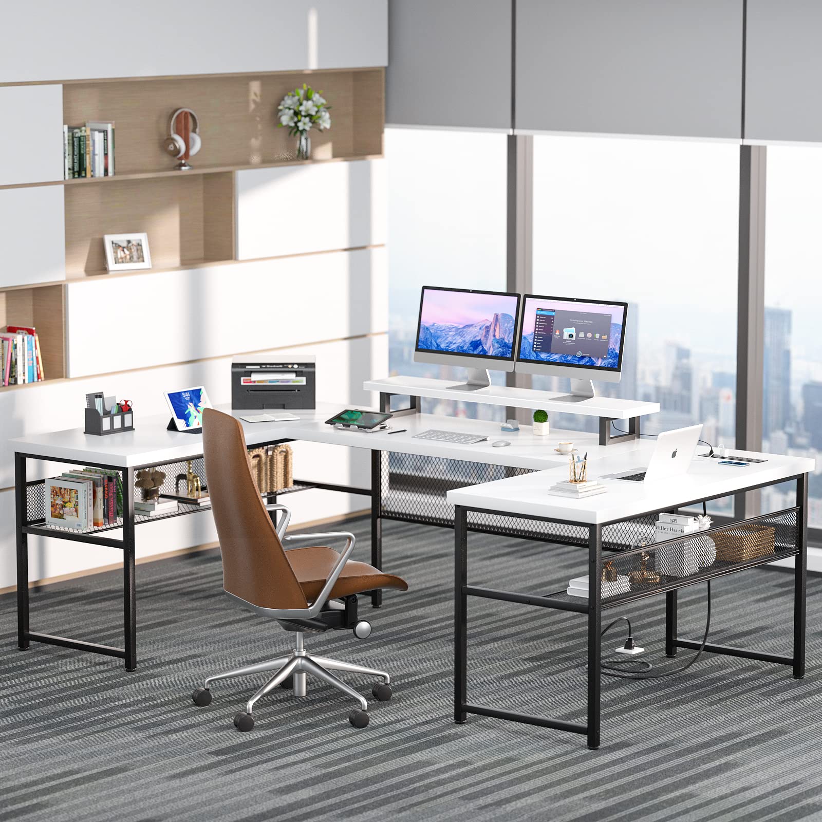 Unikito U Shaped Computer Desk with LED Strip and Power Outlets, Reversible Large Office Desk with Monitor Stand and Storage Shelves, 2 Person L Shaped Gaming Table, 83 Inch U Shape Corner Desk, White