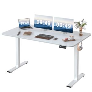 furmax electric height adjustable standing desk large 55 x 24 inches sit stand up desk home office computer desk memory preset with t-shaped metal bracket, white