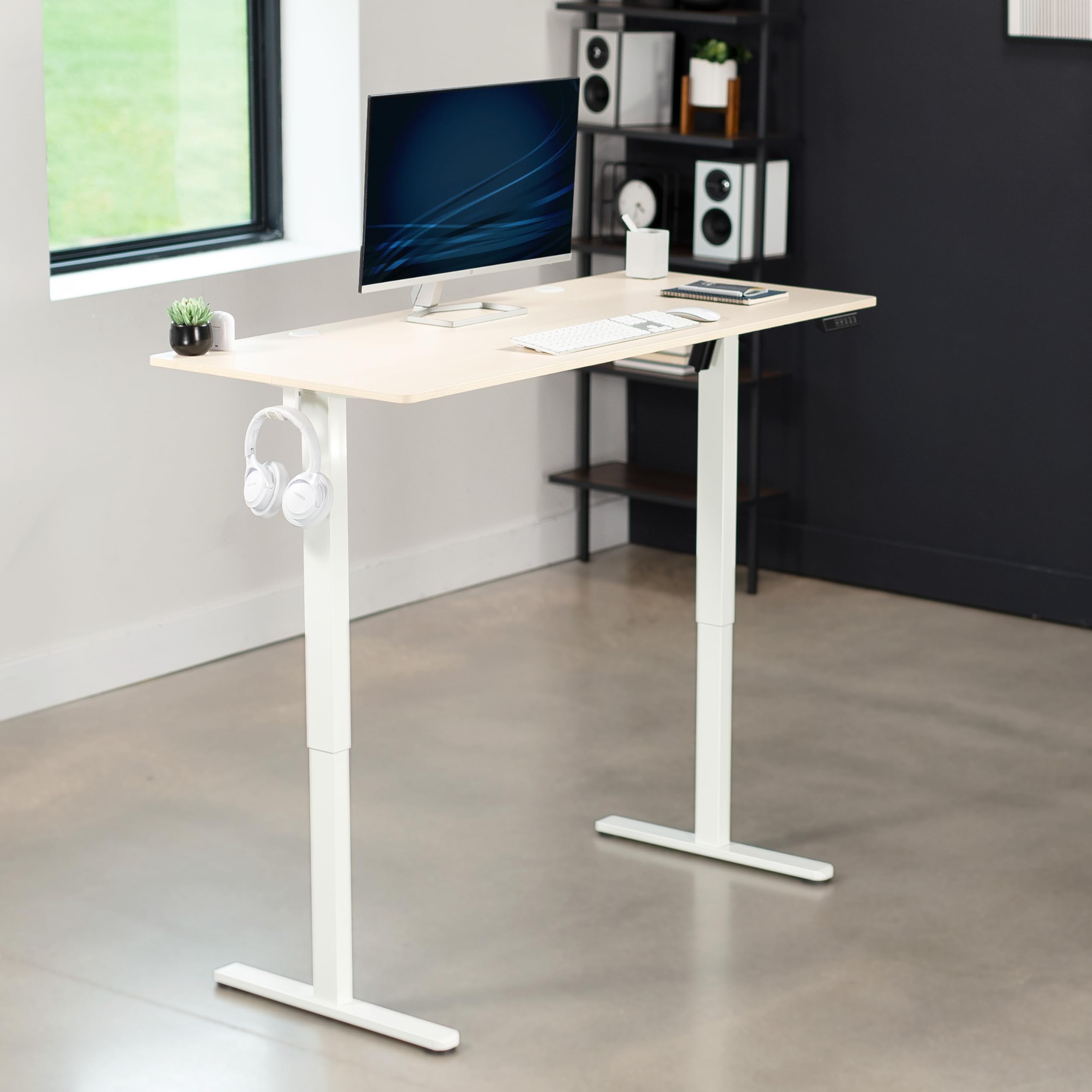 VIVO Electric 55 x 24 inch Stand Up Desk, Complete Height Adjustable Standing Home & Office Workstation with Memory Controller, Light Wood Top, White Frame, DESK-E155TC