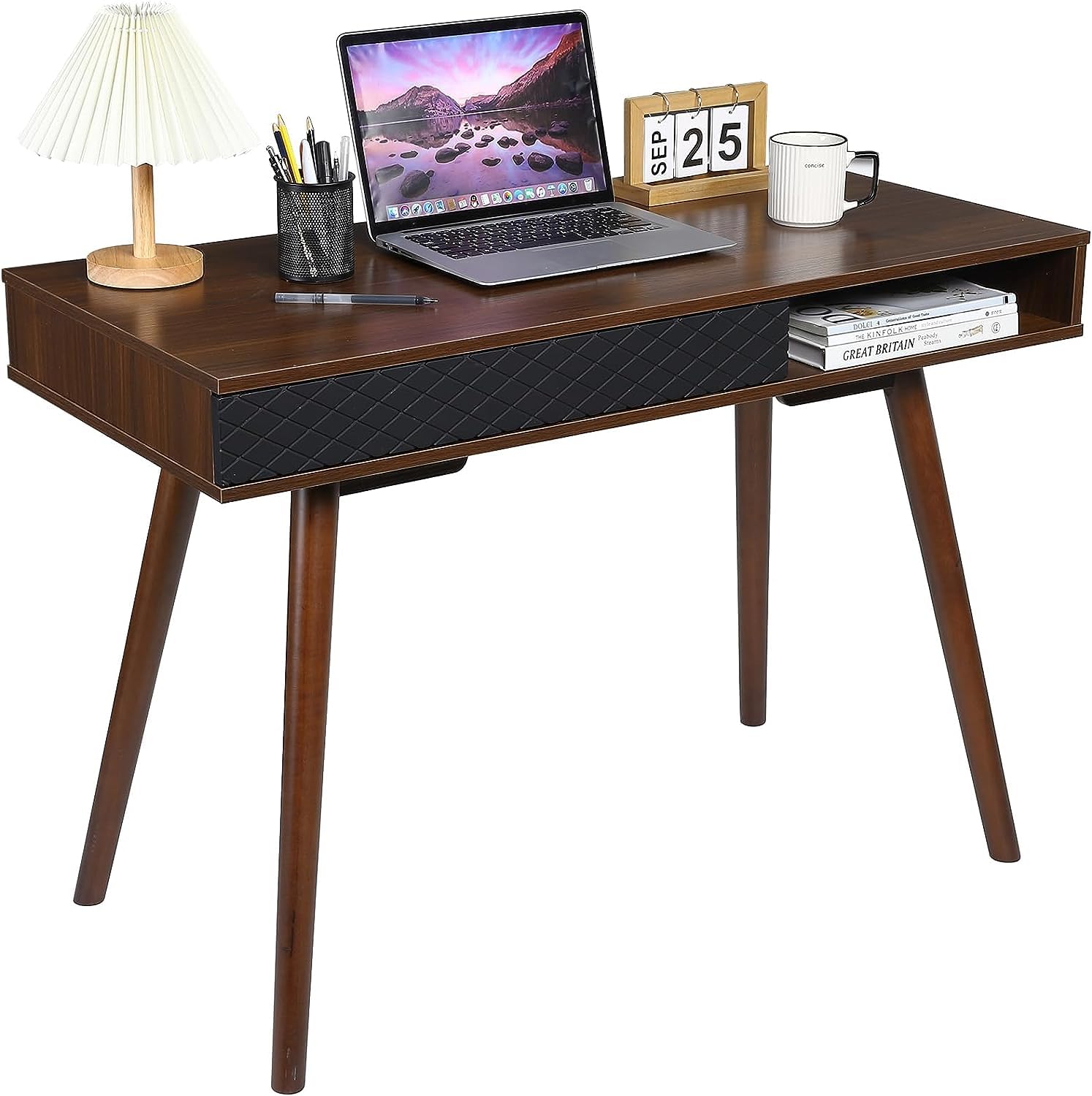 GAOMON Modern Home Office Writing Desk, 42 Inch Computer Table Desk with Drawers, Simple Mid Century Modern Desk, Walnut