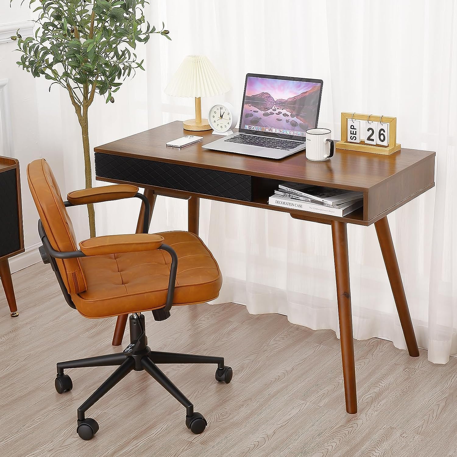 GAOMON Modern Home Office Writing Desk, 42 Inch Computer Table Desk with Drawers, Simple Mid Century Modern Desk, Walnut