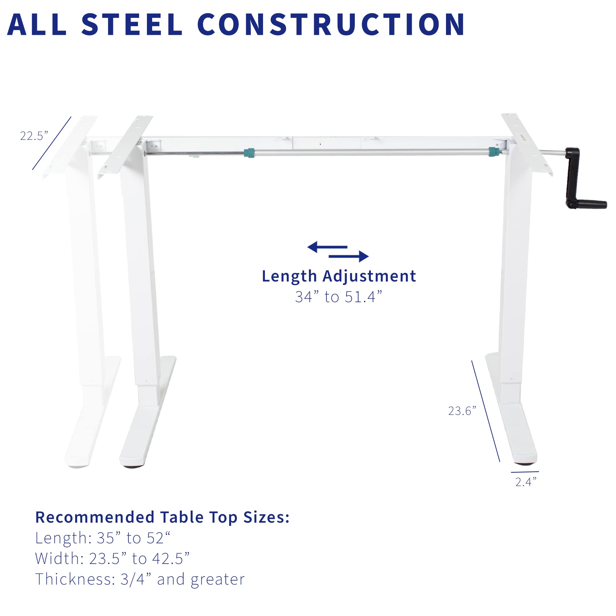 VIVO Compact Hand Crank Stand Up Desk Frame for 33 to 52 inch Table Tops, Ergonomic Standing Height Adjustable Base with Crank Handle, White, DESK-M051CW