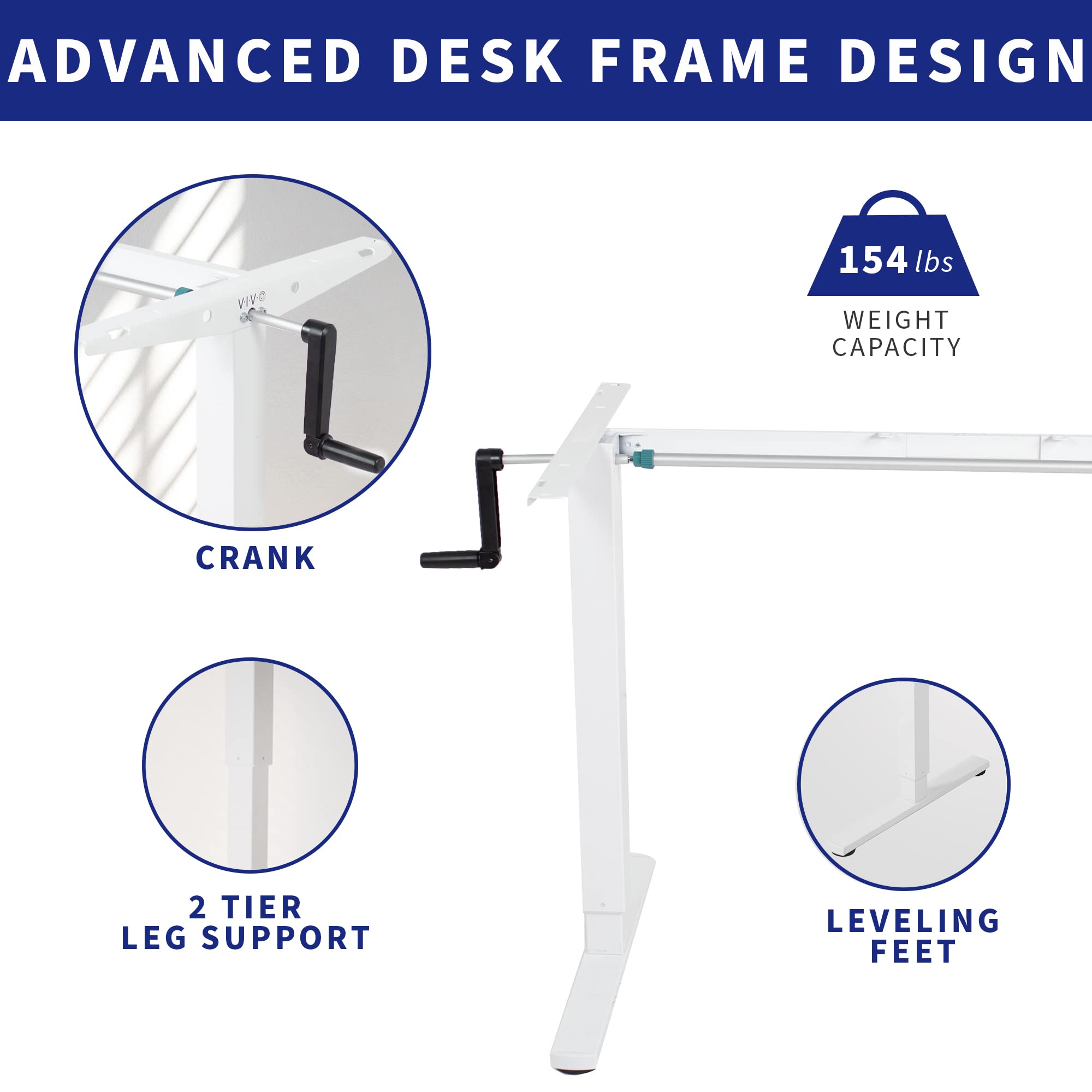 VIVO Compact Hand Crank Stand Up Desk Frame for 33 to 52 inch Table Tops, Ergonomic Standing Height Adjustable Base with Crank Handle, White, DESK-M051CW