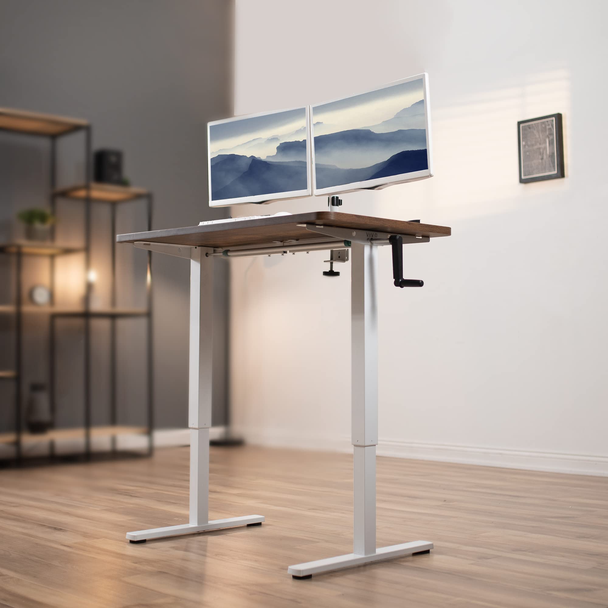 VIVO Compact Hand Crank Stand Up Desk Frame for 33 to 52 inch Table Tops, Ergonomic Standing Height Adjustable Base with Crank Handle, White, DESK-M051CW