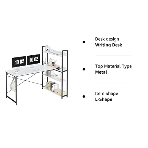 CubiCubi Computer Corner Desk with Storage Shelves, 55 Inch Reversible Small L Shaped Computer Desk, Home Office Writing Desk with 2 Hooks, White