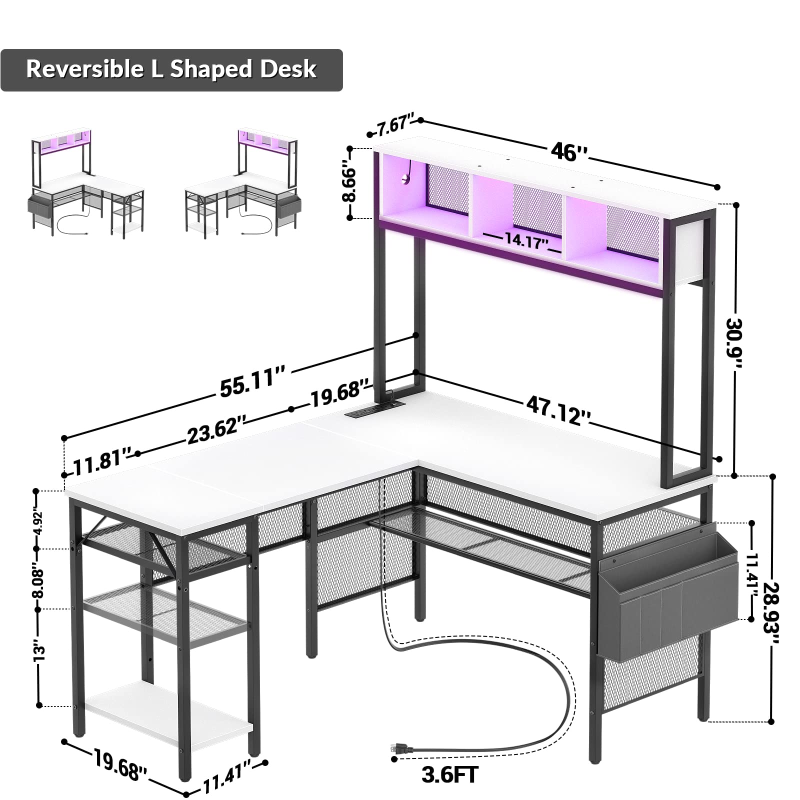 Unikito L Shaped Computer Desk with LED Strip and Power Outlets, Storage Shelves and Bag, Industrial Reversible Gaming Table Writing Corner Desk for Home Office Workstation, White