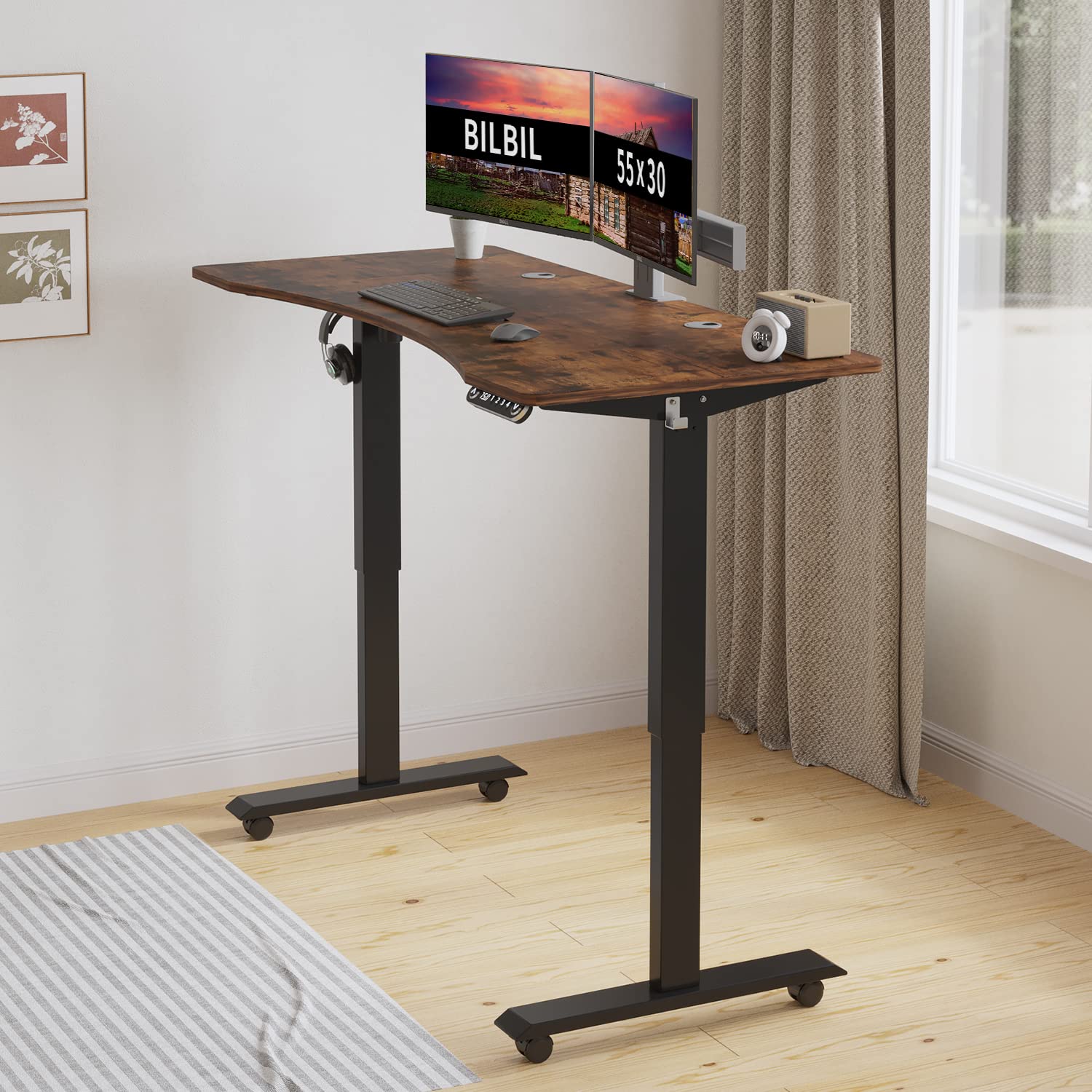 bilbil Electric Standing Desk 55 x 30 Inches, Height Adjustable Sit Stand Desk with Splice Board, Casters with Brake, Black Frame/Rustic Brown Top