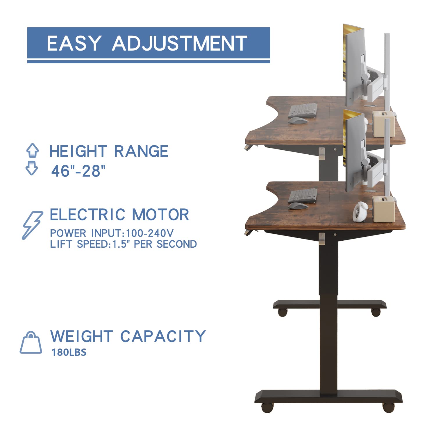 bilbil Electric Standing Desk 55 x 30 Inches, Height Adjustable Sit Stand Desk with Splice Board, Casters with Brake, Black Frame/Rustic Brown Top