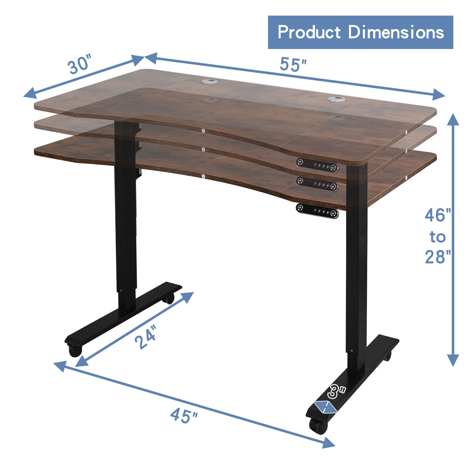 bilbil Electric Standing Desk 55 x 30 Inches, Height Adjustable Sit Stand Desk with Splice Board, Casters with Brake, Black Frame/Rustic Brown Top