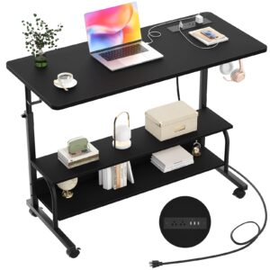 height adjustable standing desk with power outlets, 39" manual stand up desk with storage shelves small mobile rolling computer desk portable laptop table with wheels for home office, black