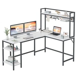 cubicubi l shaped desk with hutch, 66" corner computer desk with drawer,home office gaming table workstation with storage bookshelf, white