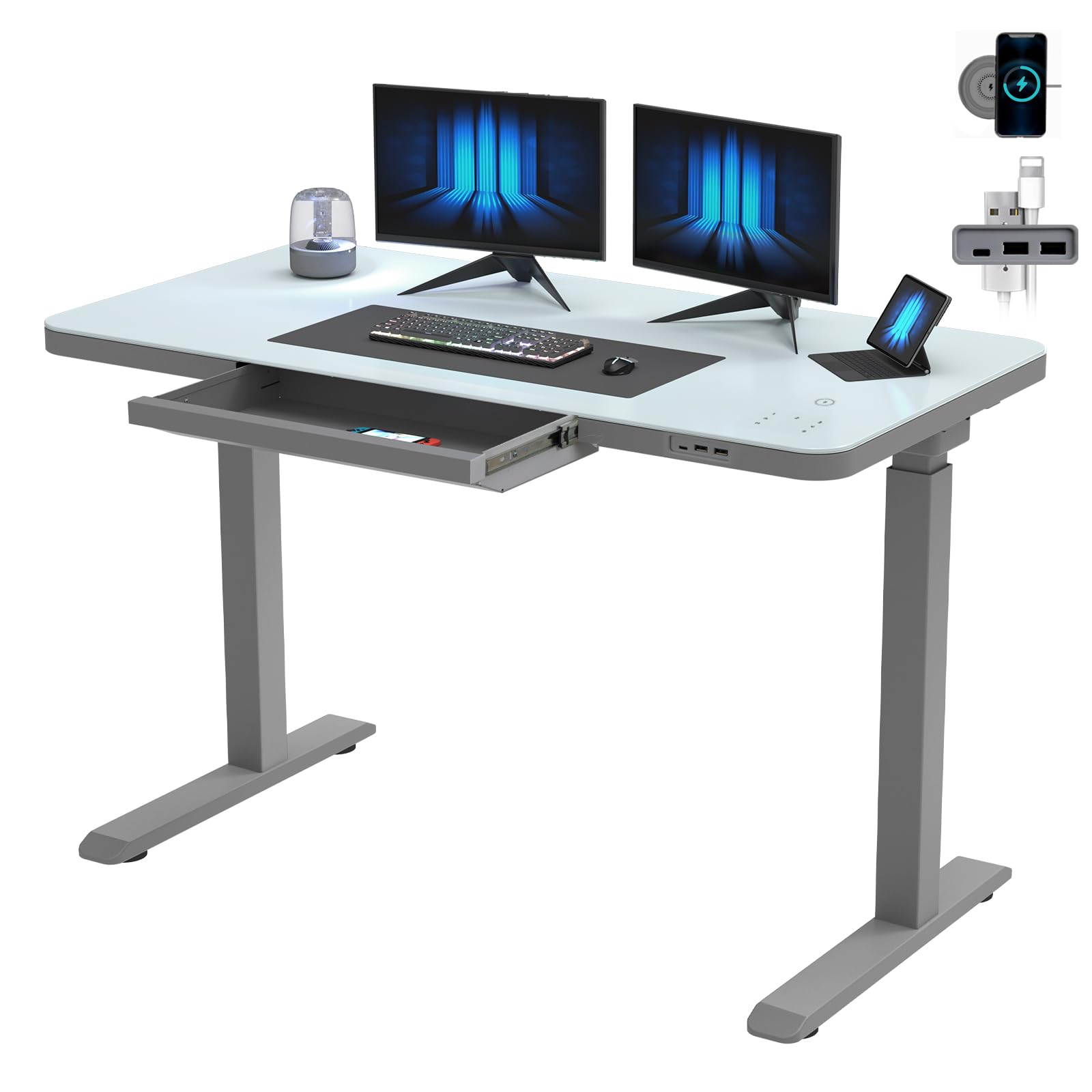 ERGOMORE Glass Standing Desk with Drawer, 45 x 23 Inches Touch Control Adjustable Height Desk with USB Ports & Wireless Charging, Dual Motor Sit Stand up Desk for Home & Office (Gray)