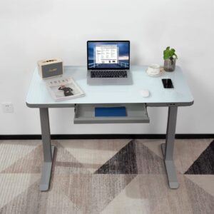 ERGOMORE Glass Standing Desk with Drawer, 45 x 23 Inches Touch Control Adjustable Height Desk with USB Ports & Wireless Charging, Dual Motor Sit Stand up Desk for Home & Office (Gray)